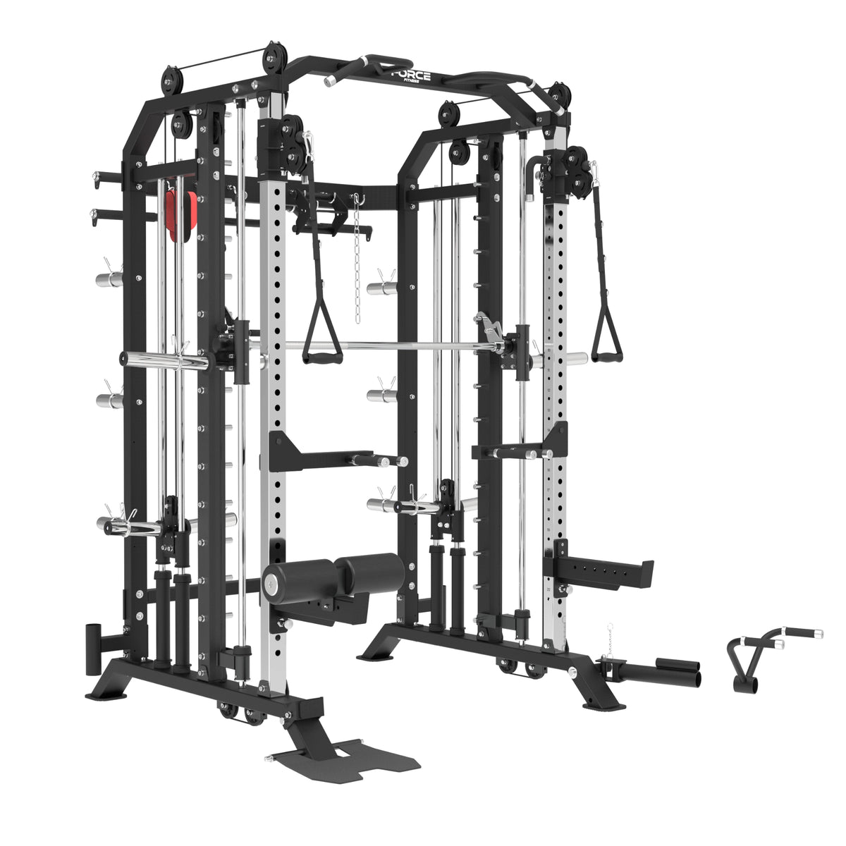 G7S Plate loaded multi-functional Commercial grade gym power rack with multiple exercise attachments Black and stainless steel.