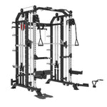 G7S Plate loaded multi-functional Commercial grade gym power rack with multiple exercise attachments Black and stainless steel.