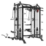 Commercial plate loaded multi-functional home gym power rack with pull-up bar, dip handles, cable pulleys, and a pull-up bar
