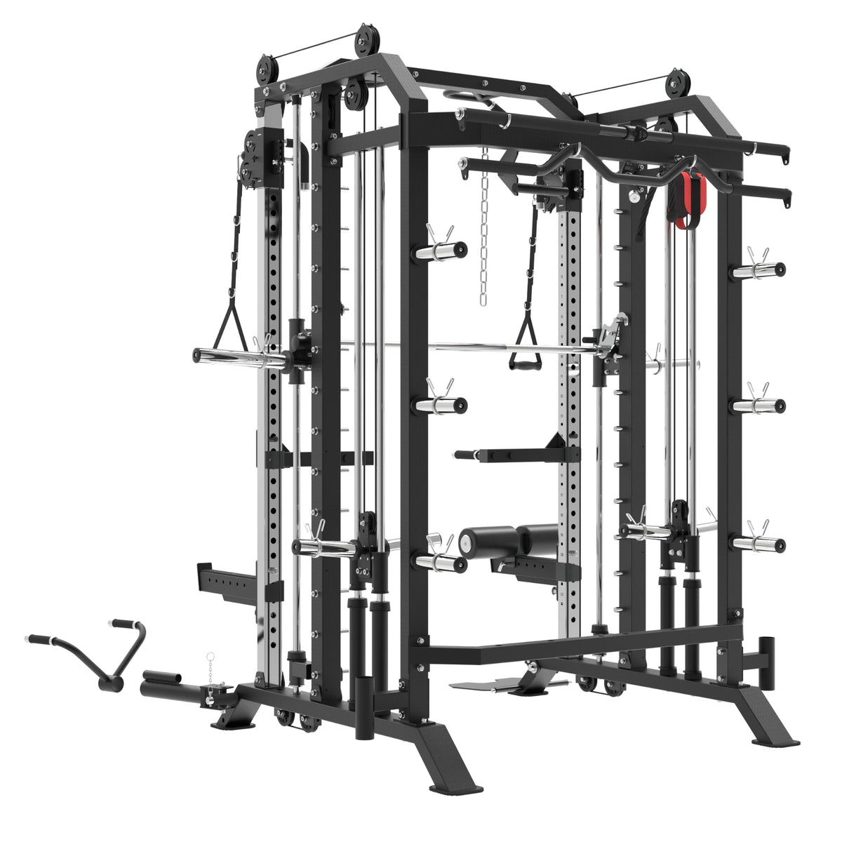 Commercial plate loaded multi-functional home gym power rack with pull-up bar, dip handles, cable pulleys, and a pull-up bar