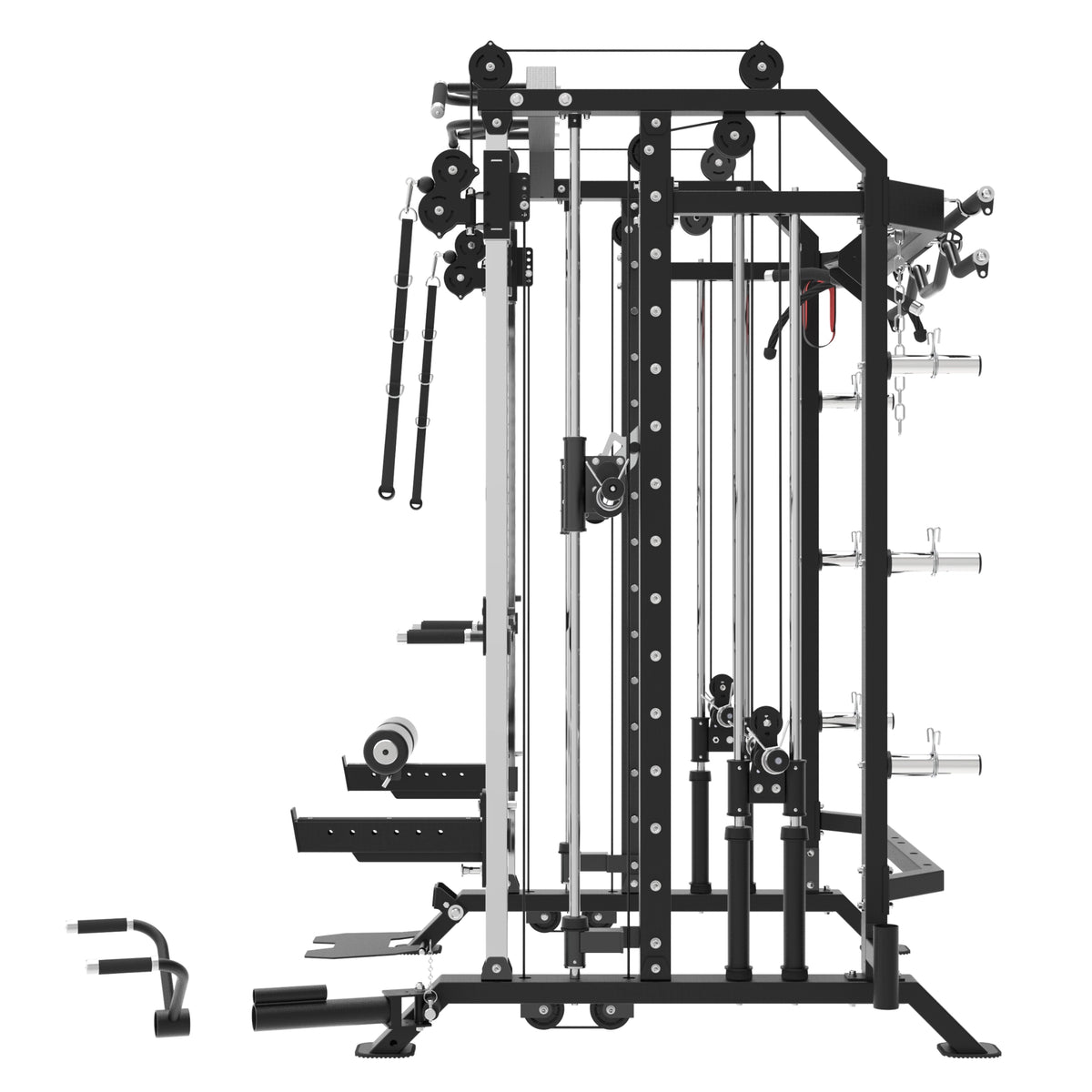 G7S black and silver multi-functional cable pulley gym machine with various attachments, shown from a side profile view on a solid white background.