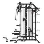 G7S black and silver multi-functional cable pulley gym machine with various attachments, shown from a side profile view on a solid white background.