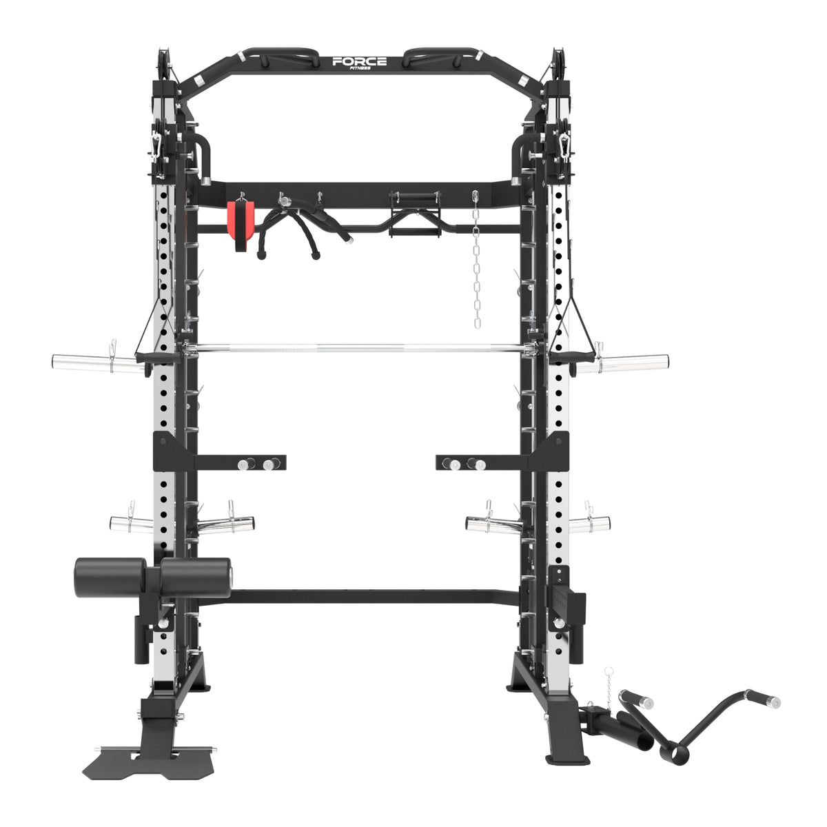G7S complete and commercial black and silver power rack gym machine with a barbell rack, pull-up bar, and attachment handles, shown on a solid white background.