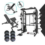 A black and silver multi-functional home gym power rack with accessories including an adjustable weight bench, four weight plates, a resistance band, and black rubber flooring, shown on a white background with two inset detail views of the bench.