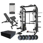 A complete home gym equipment set on a white background, including a black and silver power rack, a weight bench, a digital workout tracker, a stack of black rubber mats, and five weight plates.