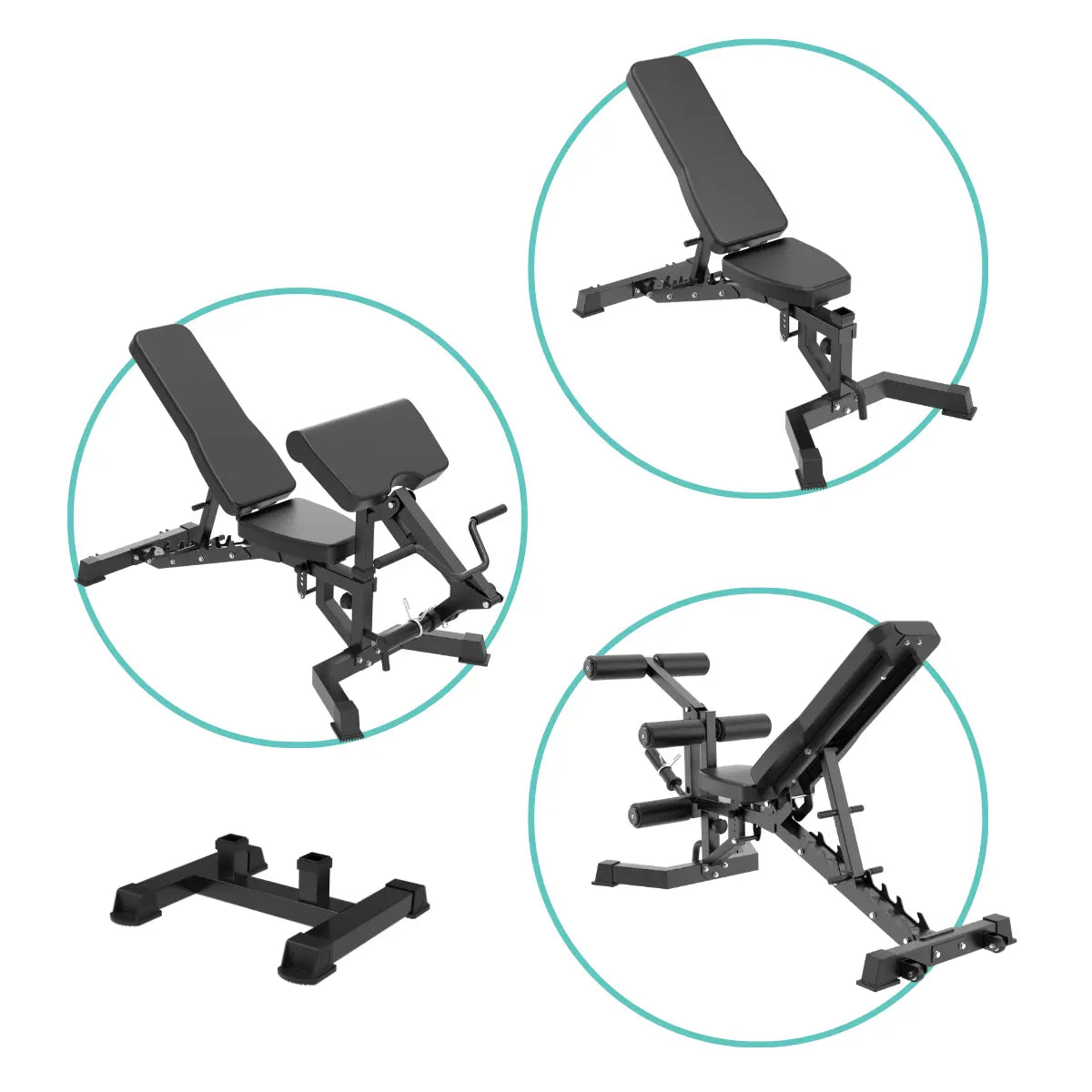 Black adjustable weight bench shown from multiple angles on a white background, with circular callouts highlighting different bench positions and a detached footrest piece below.