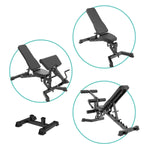 Black adjustable weight bench shown from multiple angles on a white background, with circular callouts highlighting different bench positions and a detached footrest piece below.