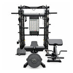 A black multi-functional home gym power rack system with multiple attachments, including a weight bench, a back extension bench, a weight plate, and a hanging instruction chart, shown on a solid white background.
