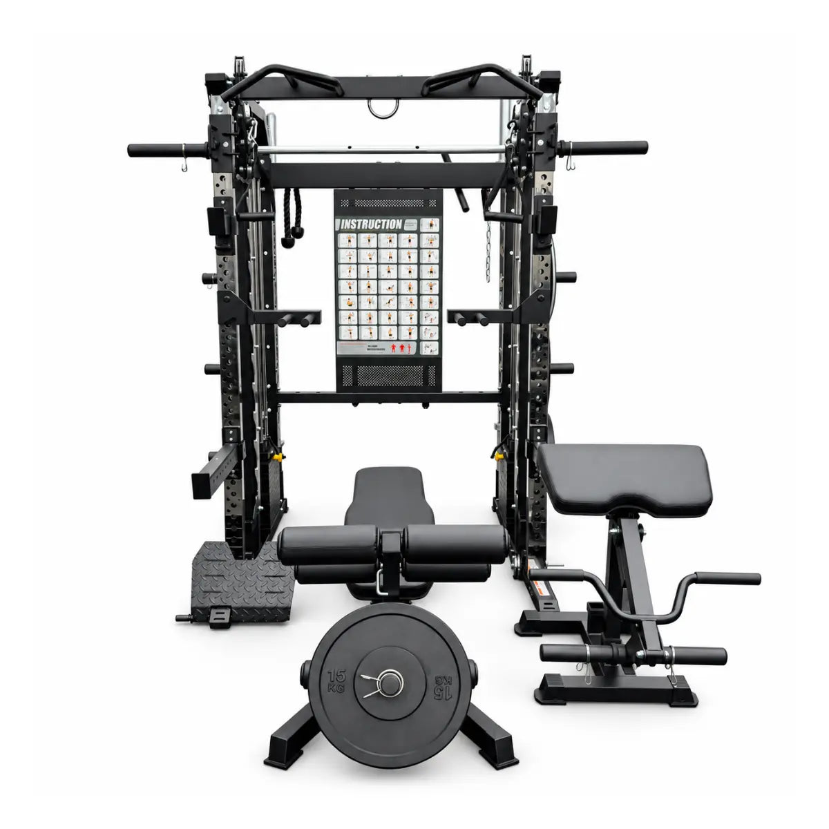 A black multi-functional home gym power rack system with multiple attachments, including a weight bench, a back extension bench, a weight plate, and a hanging instruction chart, shown on a solid white background.
