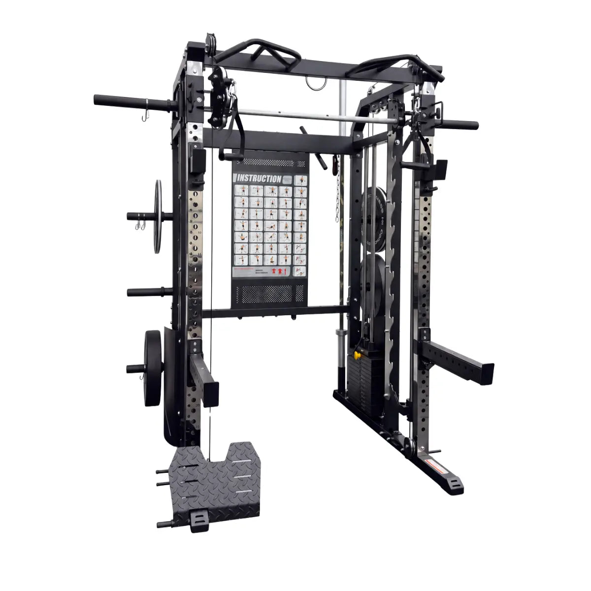 A black and silver dual-weight functional trainer gym machine with a weight chart, pull-up bar, and attached weight plates, isolated on a white background.
