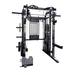 A black and silver dual-weight functional trainer gym machine with a weight chart, pull-up bar, and attached weight plates, isolated on a white background.