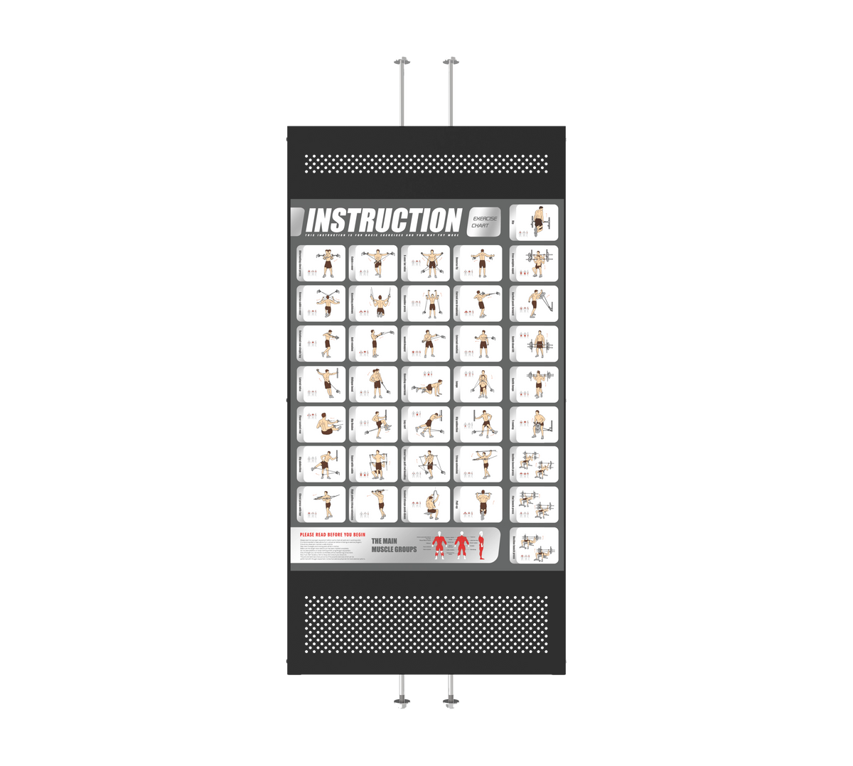 A vertical black instruction chart with multiple white panels showing exercise or yoga poses, plus metal mounting hardware at the top and bottom, isolated on a white background.