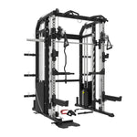 Front view of the G9S Pro Smith machine with the cable pulley handles and ankle strap hanging from the towers on both sides