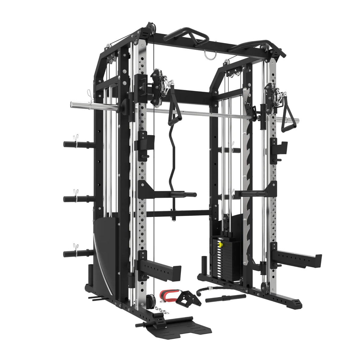 Front view of the G9S Pro Smith machine with the cable pulley handles and ankle strap hanging from the towers on both sides