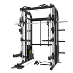 All in one functional trainer home package Front-on view of the G9S Pro power rack frame showing the uprights, pull-up bar and J-hook positions without attachments visible