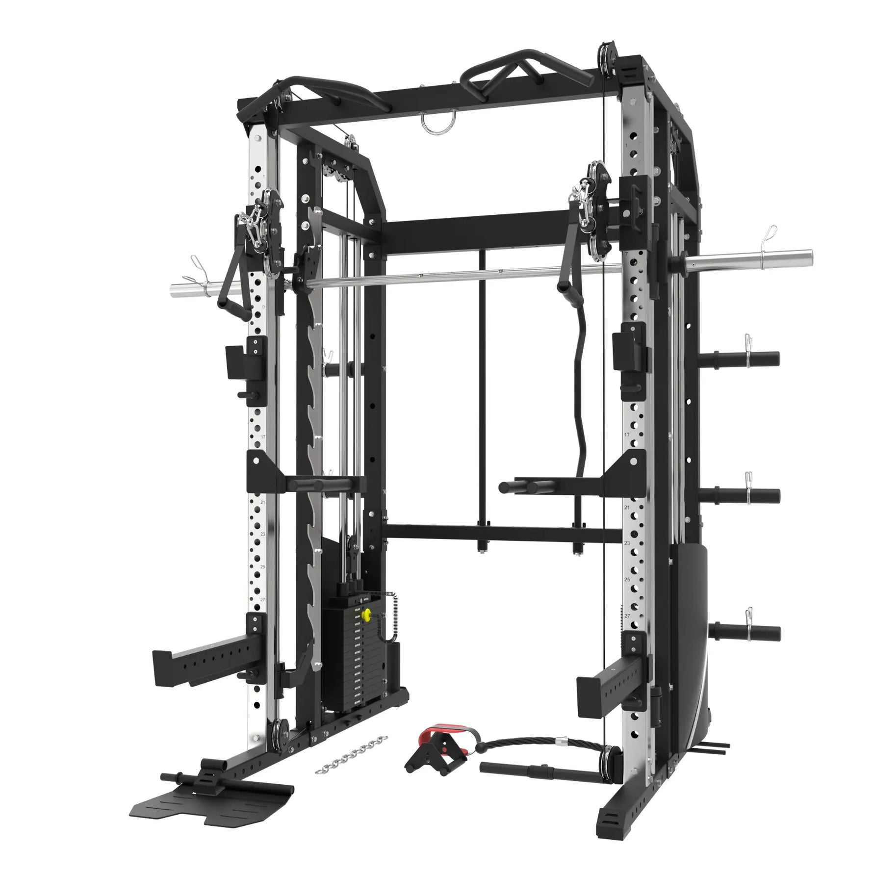 All in one functional trainer home package Front-on view of the G9S Pro power rack frame showing the uprights, pull-up bar and J-hook positions without attachments visible