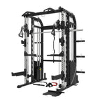 Front angled view of the G9S Pro rack showing the weight stack, J-hooks and red ankle strap attachment