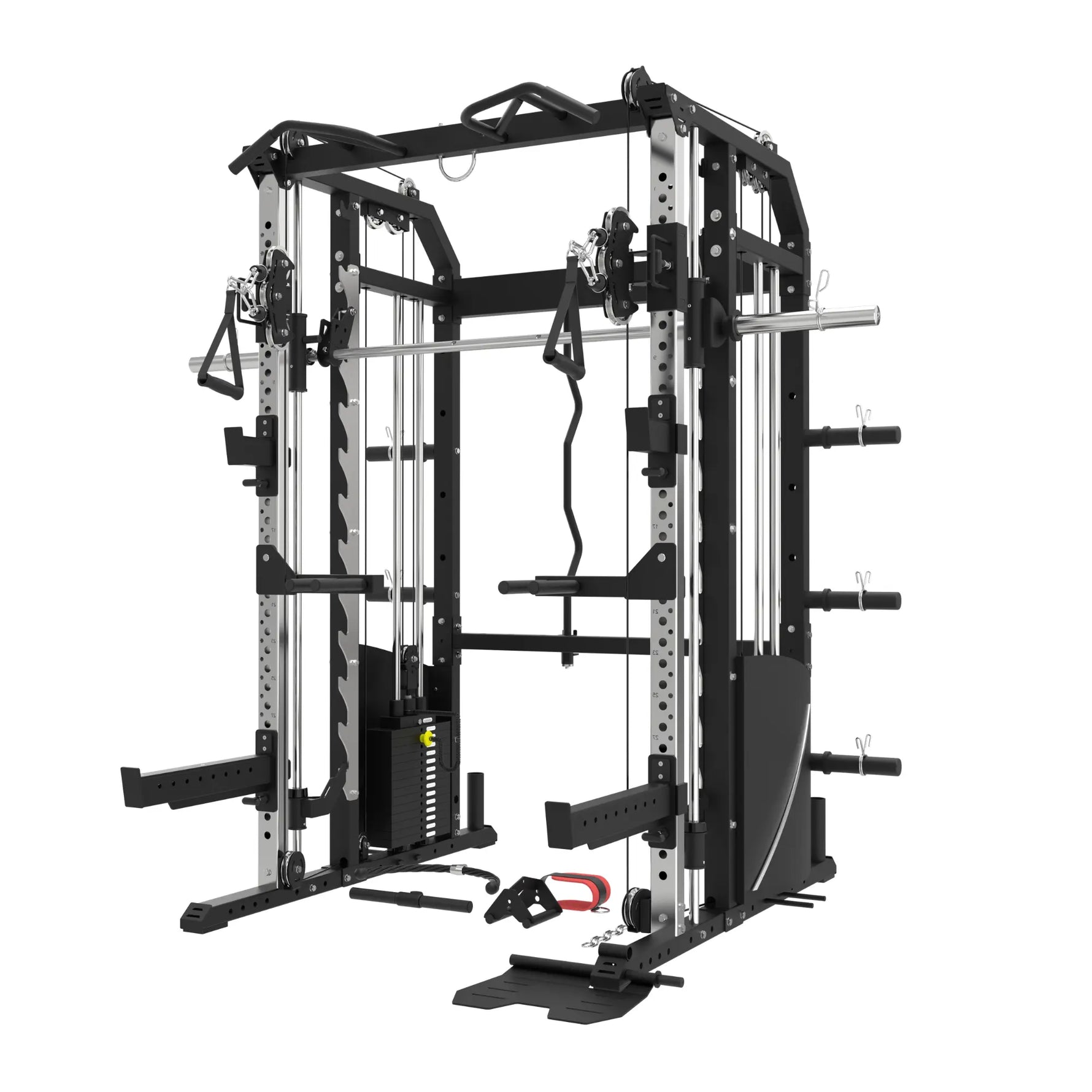 Front angled view of the G9S Pro rack showing the weight stack, J-hooks and red ankle strap attachment