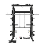 all-in-one functional trainer, Front view of the G9S Pro highlighting the pull-up bar, weight stack shield and flip-down seated row footplate at the base