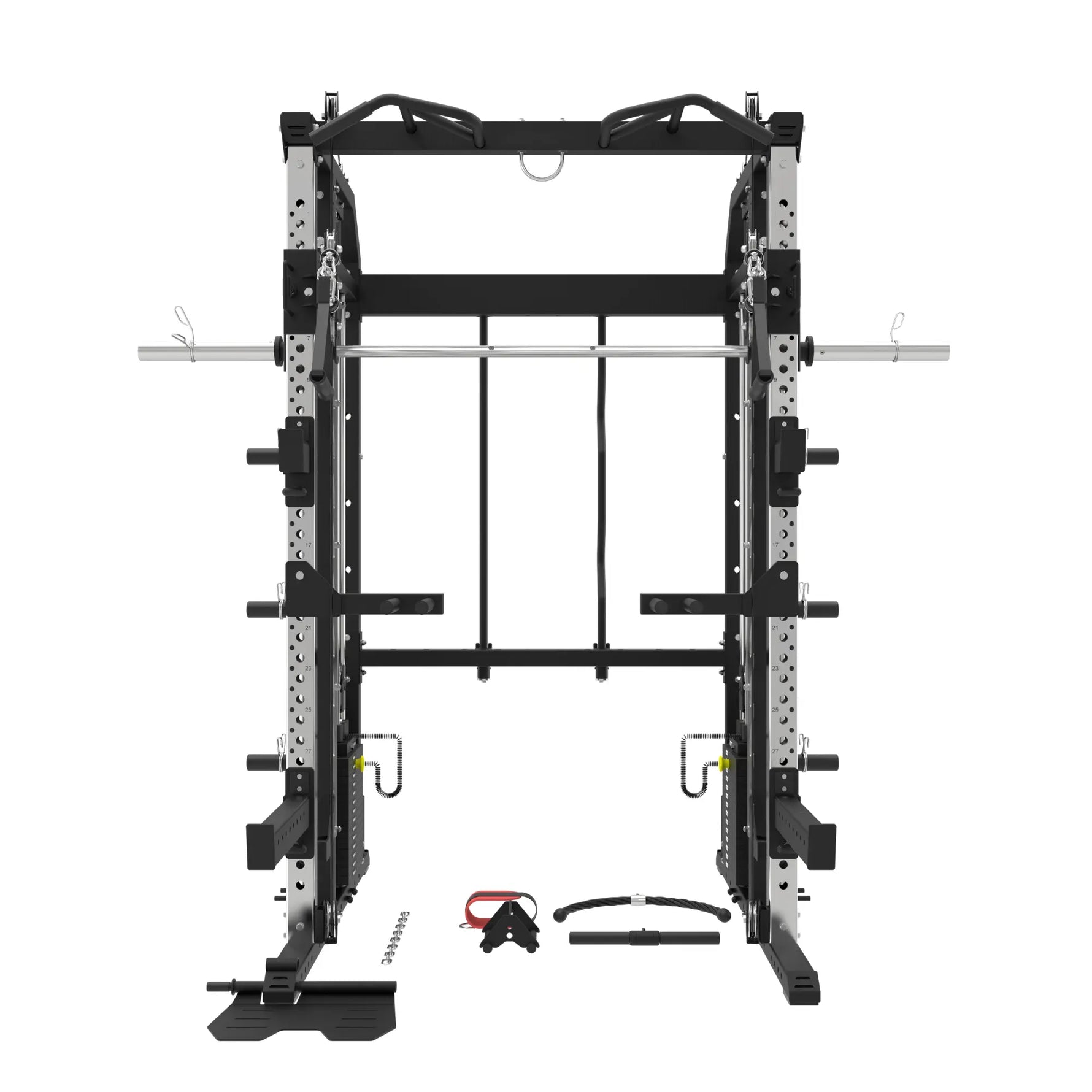all-in-one functional trainer, Front view of the G9S Pro highlighting the pull-up bar, weight stack shield and flip-down seated row footplate at the base