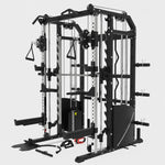 G9S Pro all-in-one Smith machine and functional trainer shown at a front three-quarter angle, showing the full steel rack, dual weight stack and cable towers