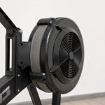 Air rower chain drive detail showing nickel-plated commercial grade construction