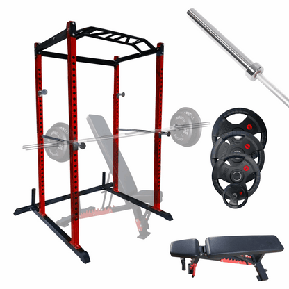 V2 Power Rack Bundle – Complete strength training package for home and commercial gyms. Includes heavy-duty power rack, Olympic barbell, adjustable bench, and cast iron or tri-grip weight plates. Ideal for squats, presses, and deadlifts