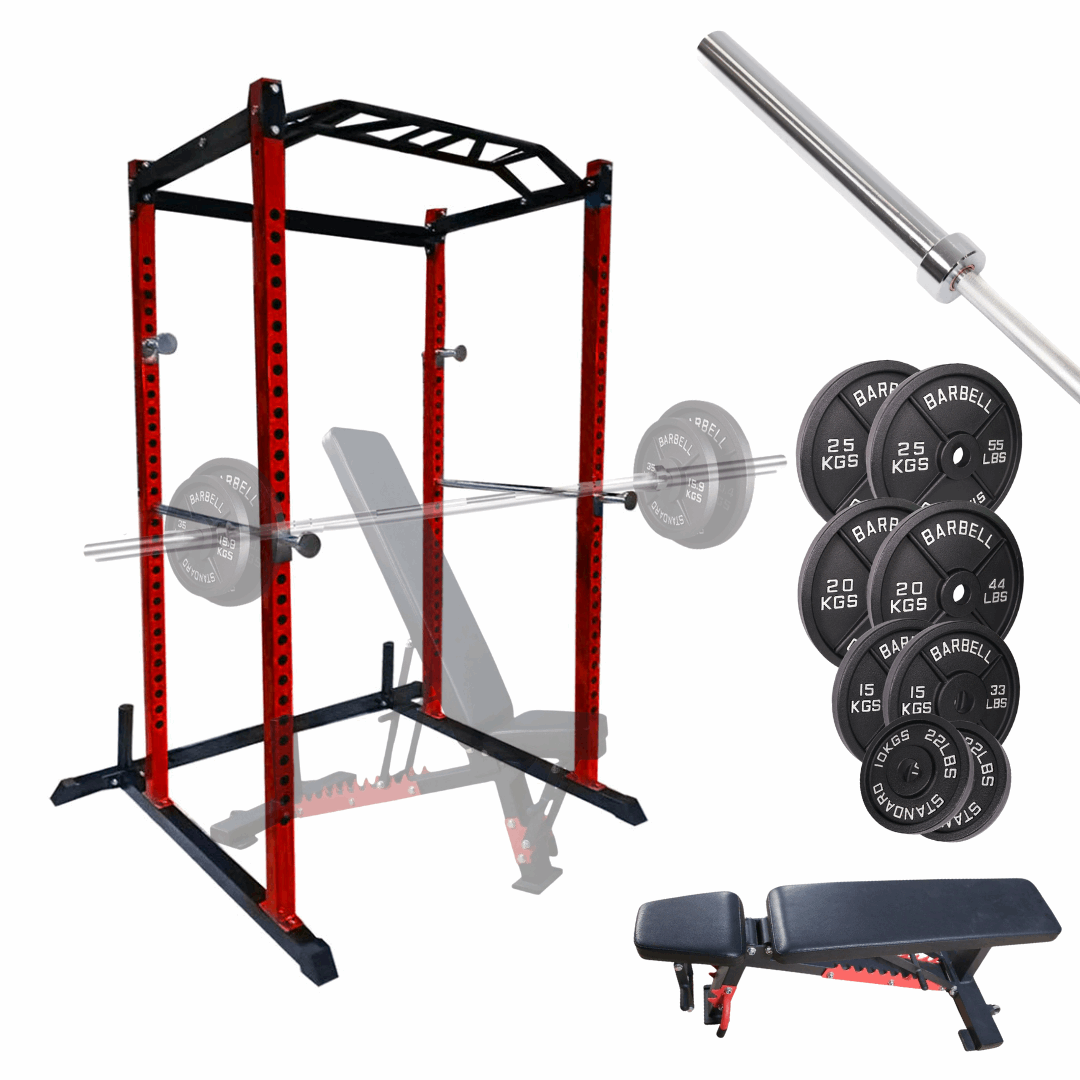 V2 Power Rack Bundle – Complete strength training package for home and commercial gyms. Includes heavy-duty power rack, Olympic barbell, adjustable bench, and cast iron or tri-grip weight plates. Ideal for squats, presses, and deadlifts