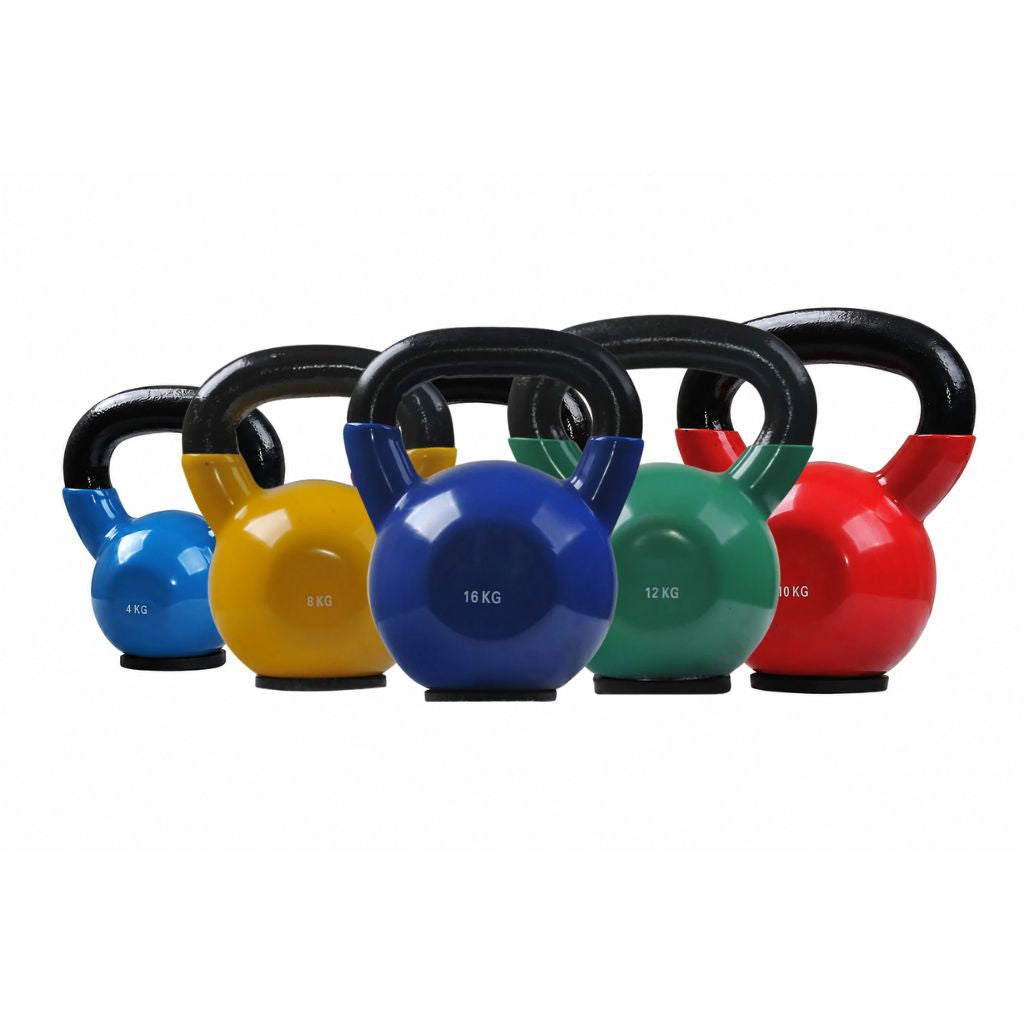 Vinyl coated kettlebells in multiple weight options with durable black handles for home and commercial strength training workouts.