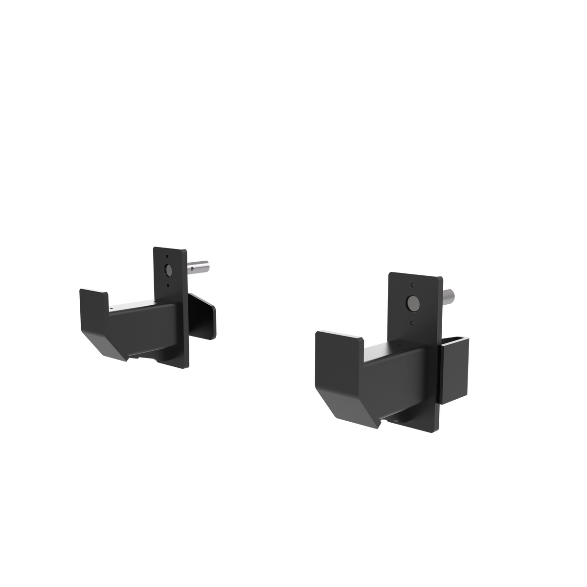 XF10 J-hook attachment pair mounted with steel quick-release pins on a black powder coated bracket
