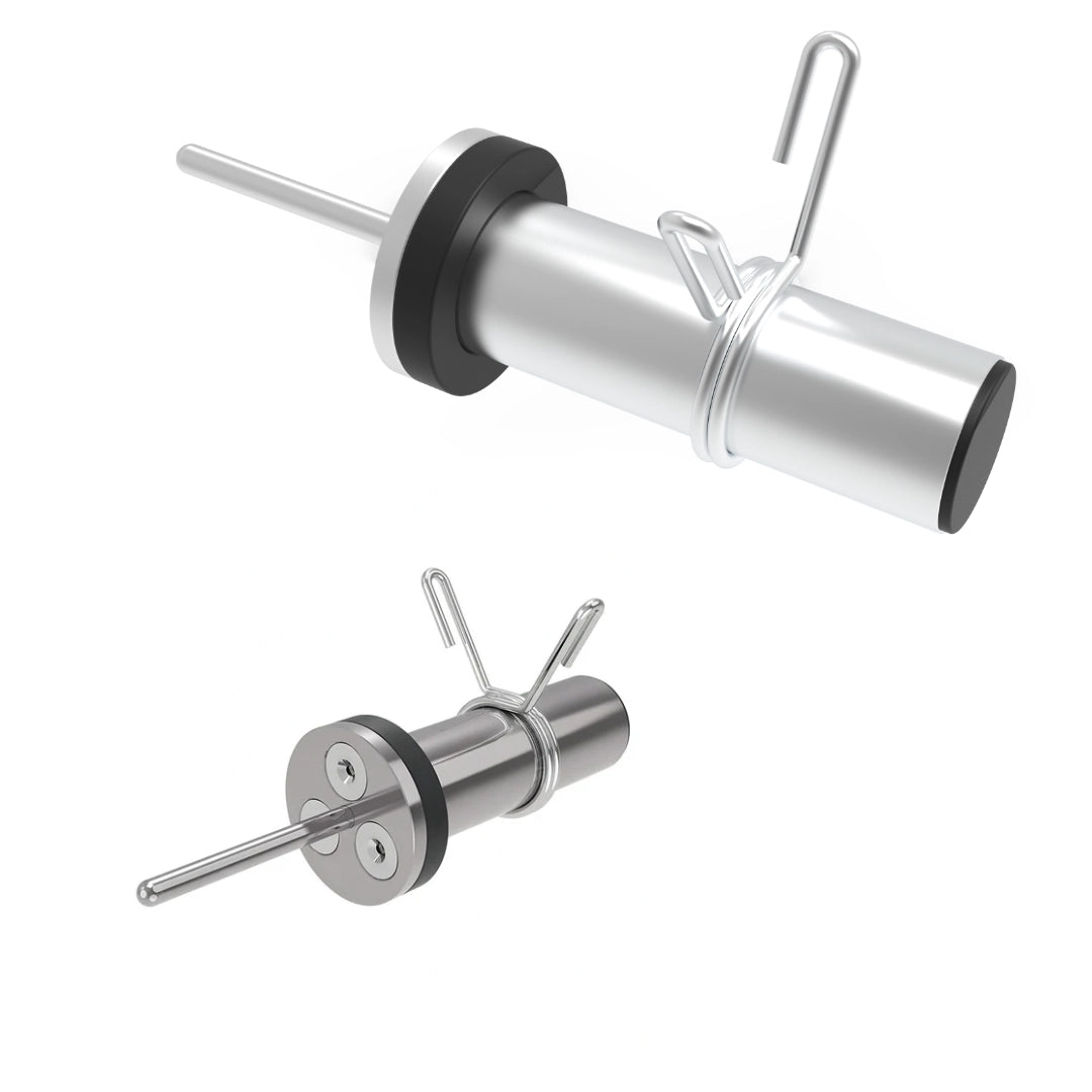 Silver steel Weight Stack Load Horn with a magnetic selector pin and spring collar, designed to add extra Olympic weight plates to a gym machine weight stack