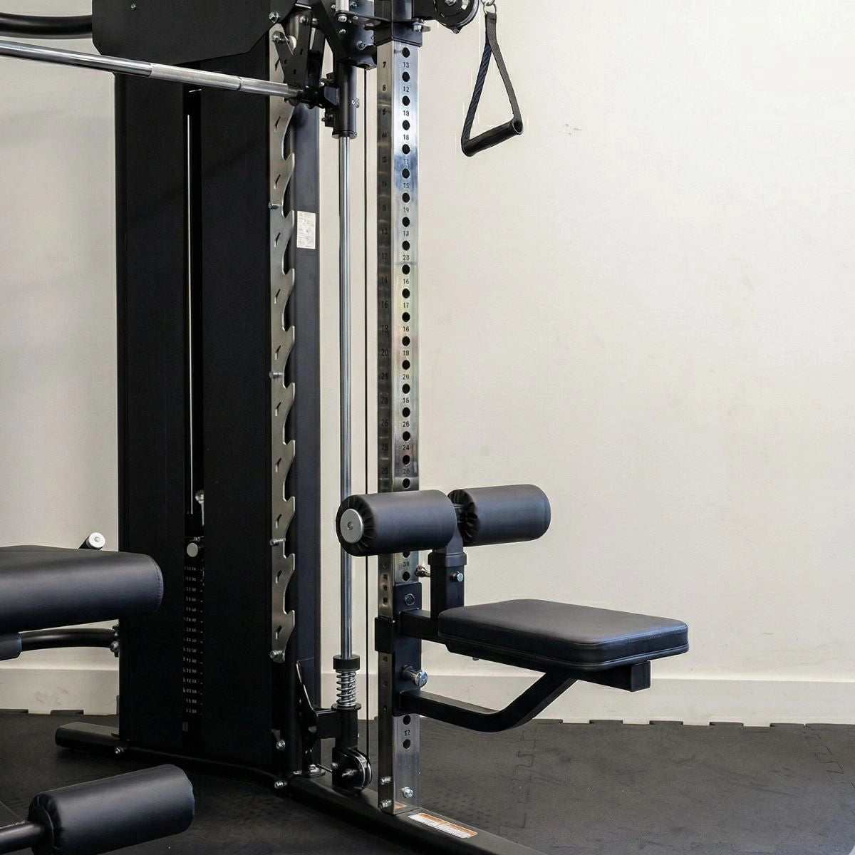 247 Gym Equipment Lat Pull Down Bench Attachment shown installed on a G6S Functional Trainer Smith Machine, illustrating the quick-release pin-lock connection and integrated back station setup.