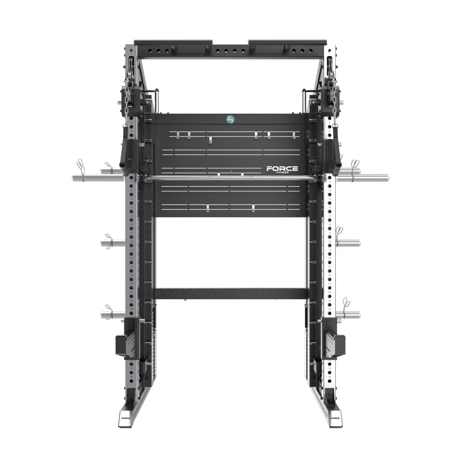 Front view of XG75 functional trainer showing adjustable cable pulleys and Smith bar