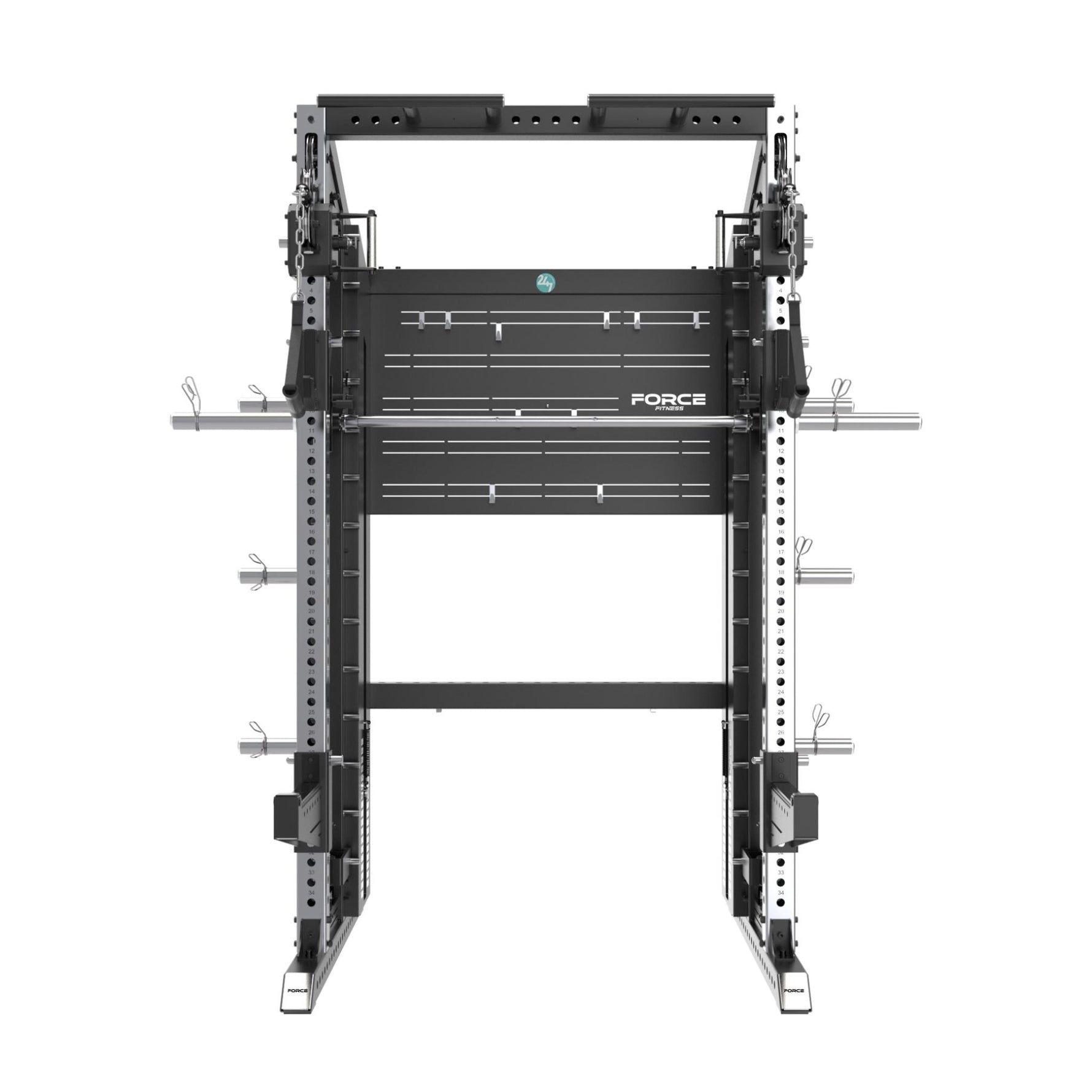Front view of XG75 functional trainer showing adjustable cable pulleys and Smith bar
