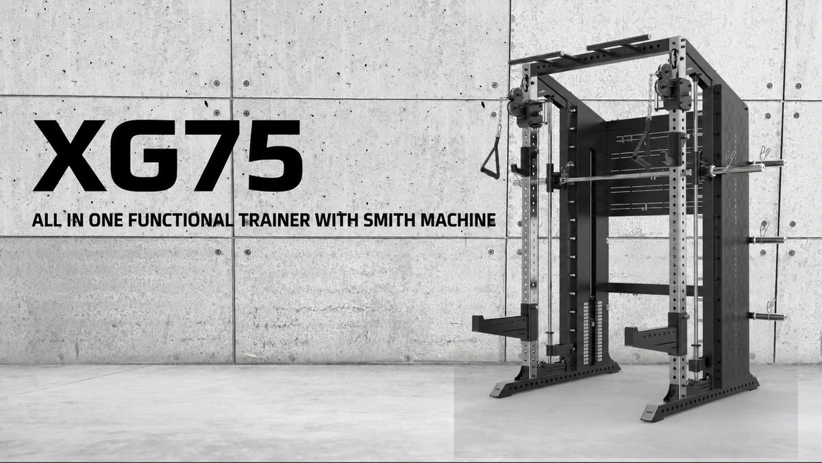 XG75 Functional trainer with smith machine A black and white gym advertisement showing a heavy-duty functional trainer with Smith machine, labeled 'XG75' and 'ALL IN ONE FUNCTIONAL TRAINER WITH SMITH MACHINE' against a concrete wall background.