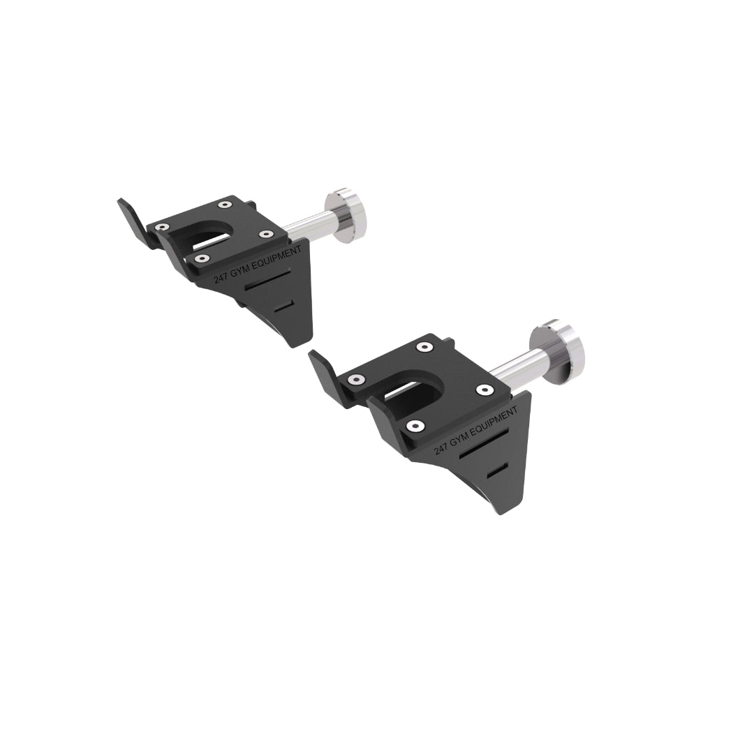 "Matte black heavy-duty steel Barbell Stow Rack bracket mounted to an XG90 gym station frame, securely holding a standard Olympic barbell horizontally off the floor