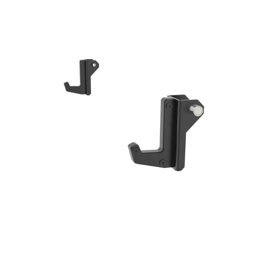 Heavy-duty 75x75mm J-Hooks for XG90 and XG75 functional trainer with smith machine, matte black Olympic barbell J-cups for squats, bench press and overhead press in commercial and home gyms.