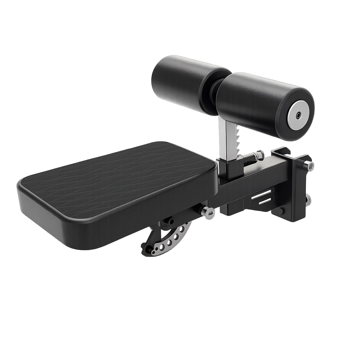 Close-up of the commercial diamond-pattern leather seat and high-density foam rollers on the adjustable lat pulldown station add-on