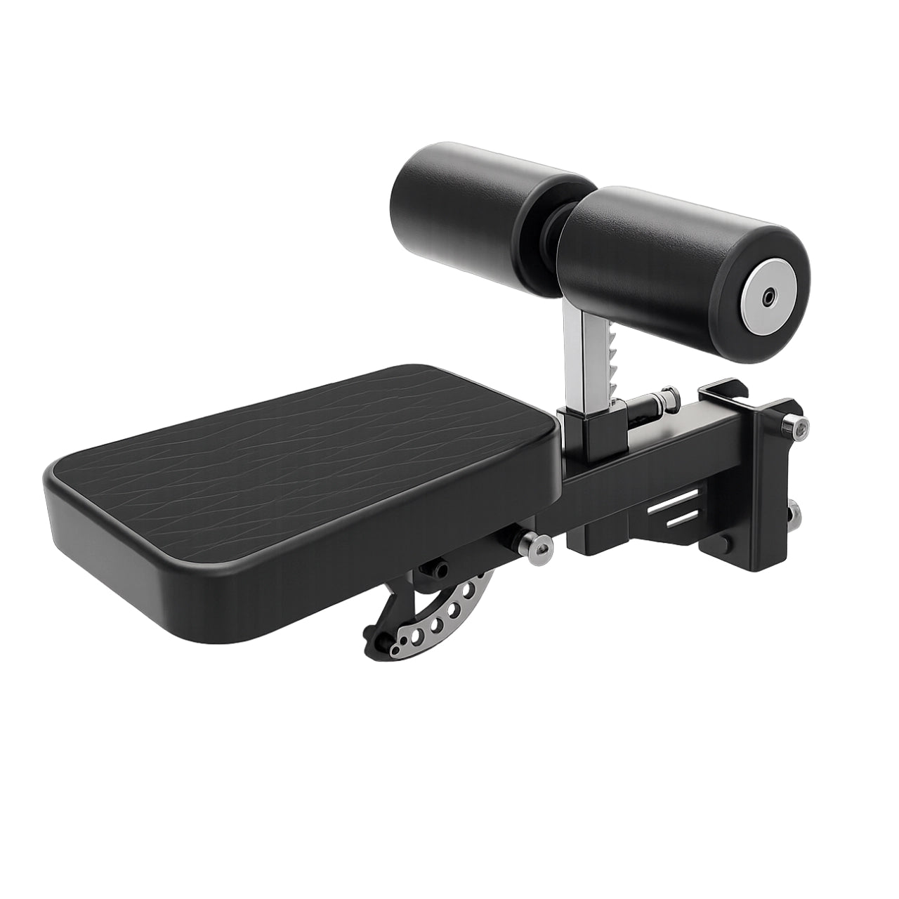 Close-up of the commercial diamond-pattern leather seat and high-density foam rollers on the adjustable lat pulldown station add-on