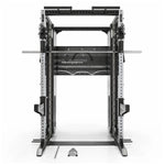 XG90 commercial gym station front view showing power rack, J-hooks, spotter arms and chin-up handle
