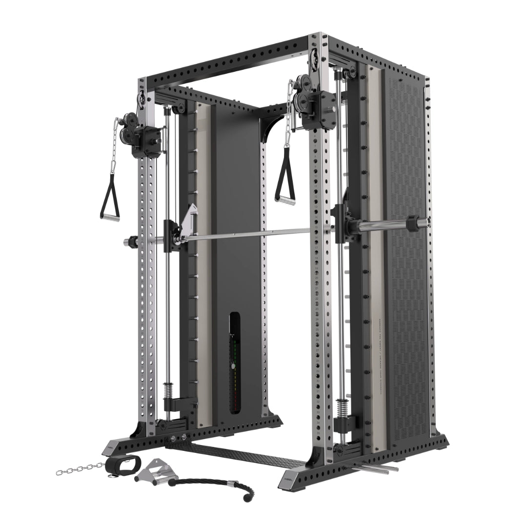 XG90 Commercial Functional Trainer with dual 90kg weight stacks, counter-balanced Smith machine, and integrated 2-user power rack in matte black finish
