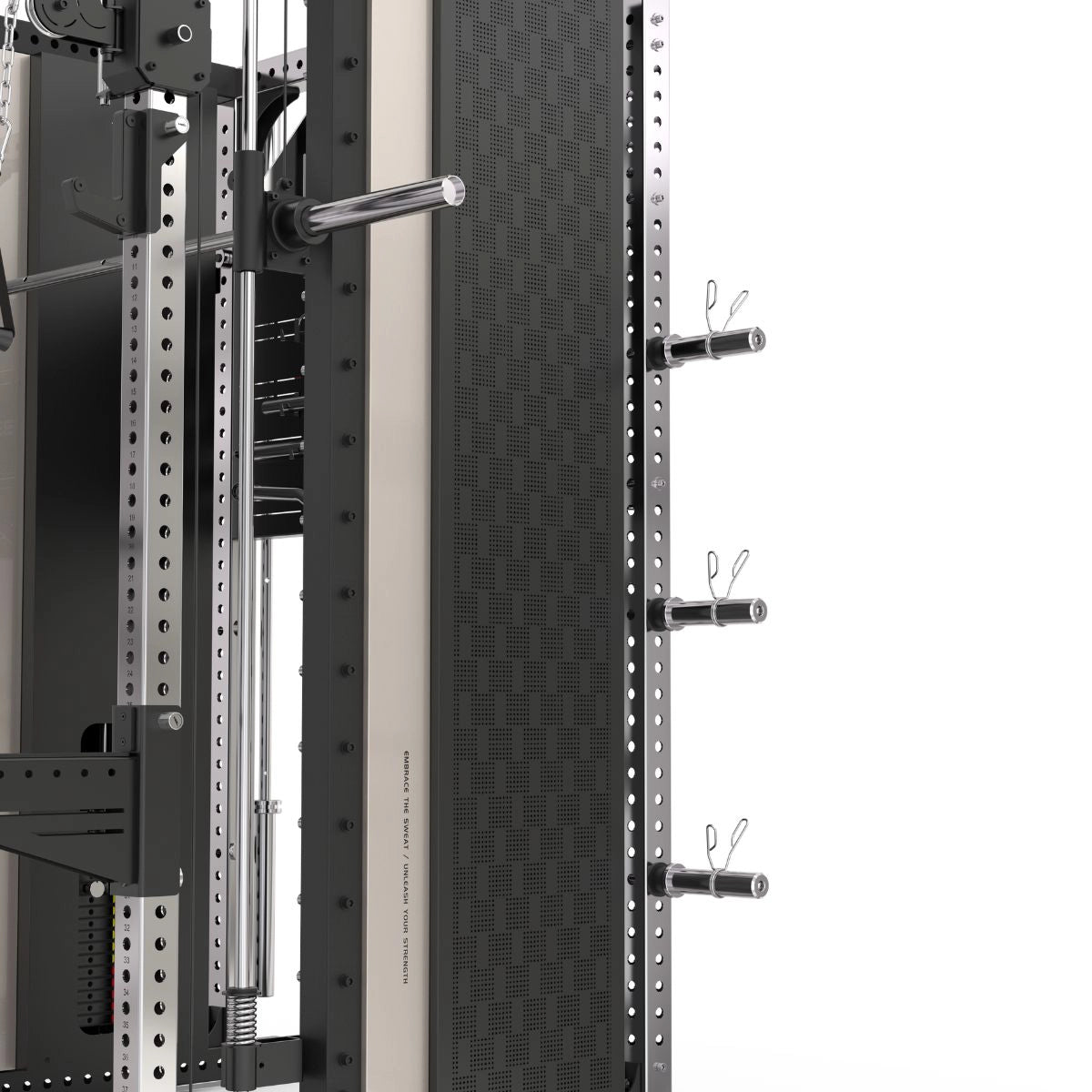 Close-up of the XG90 mirror-polished stainless steel uprights showing numbered adjustment holes and commercial-grade laser-cut numbering