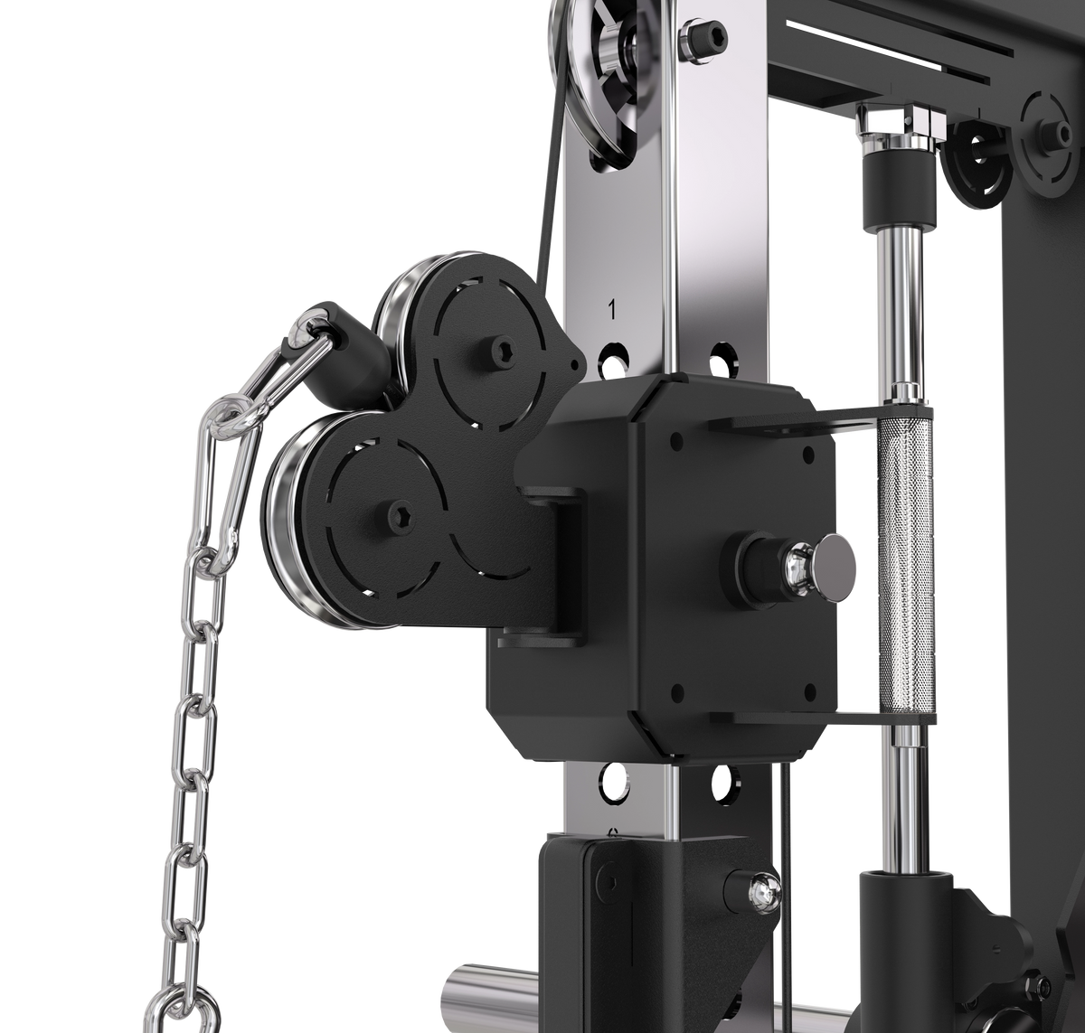 Heavy-duty aluminum pulley and cable system on the XG90 functional trainer, demonstrating the commercial-grade smooth tracking mechanism