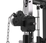 Heavy-duty aluminum pulley and cable system on the XG90 functional trainer, demonstrating the commercial-grade smooth tracking mechanism