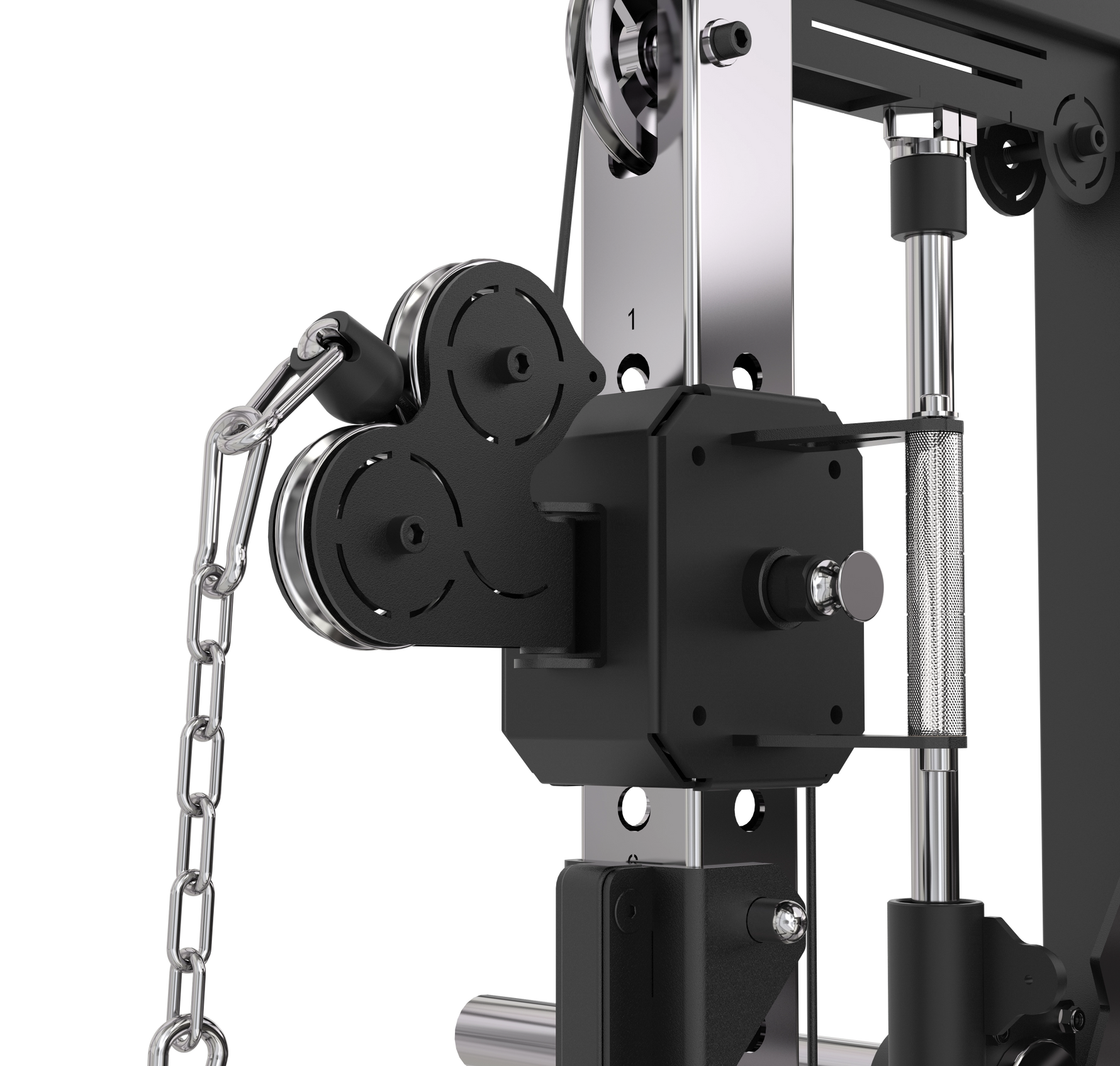 Heavy-duty aluminum pulley and cable system on the XG90 functional trainer, demonstrating the commercial-grade smooth tracking mechanism