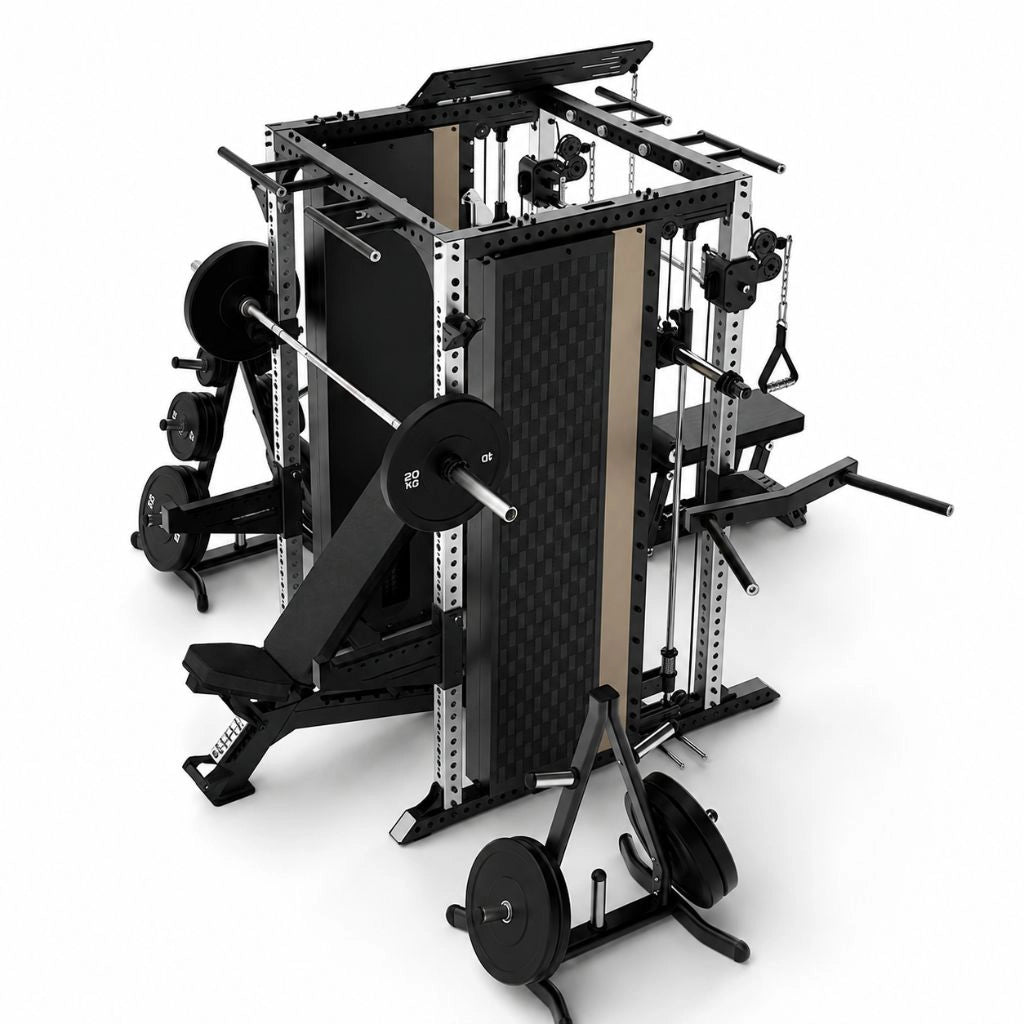 XG90 Commercial Functional Trainer with dual 90kg weight stacks, counter-balanced Smith machine, and integrated 2-user power rack in matte black finish