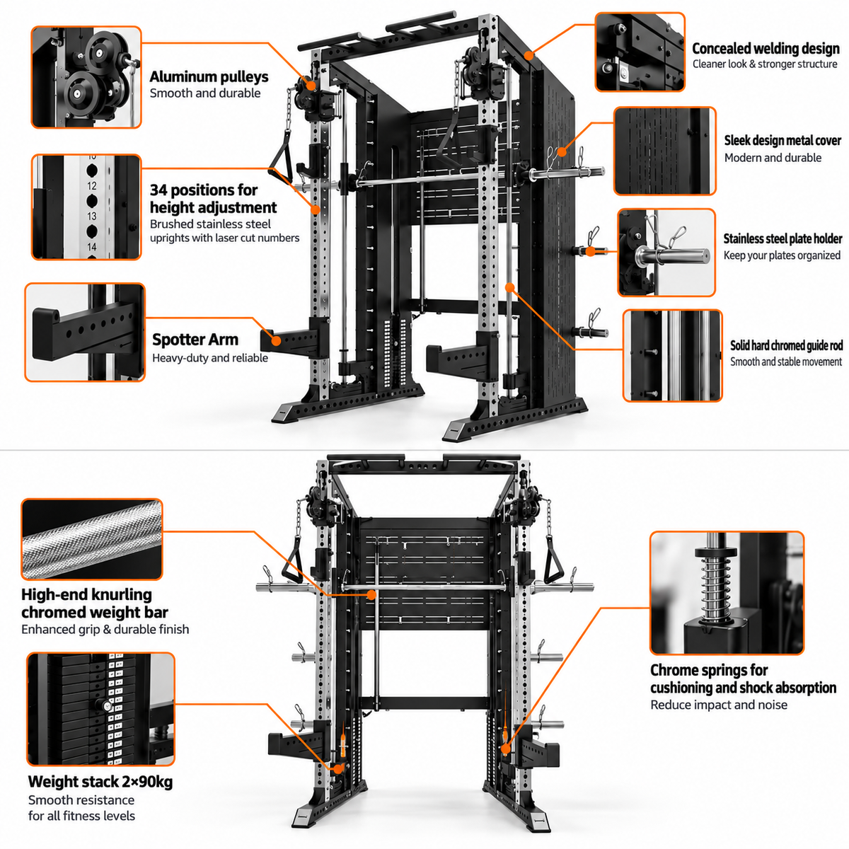 XG75 A large fitness gym machine shown on a white background with multiple callout labels pointing to features such as aluminum pulleys, 34 height-adjustment positions, a spotter arm, concealed welding, chrome springs, and a weight stack of 290 kg.