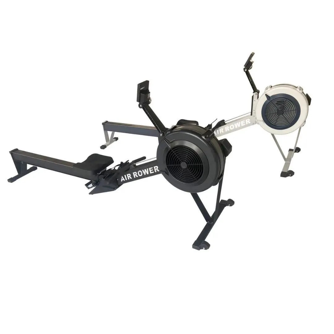A black and silver air rower exercise machine with the words 'AIR ROWER' printed on the frame, shown on a plain white background.