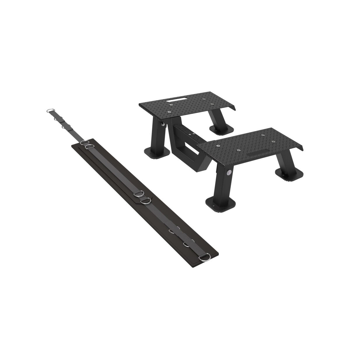 Belt squat attachment kit showing the loading strap and two step platforms
