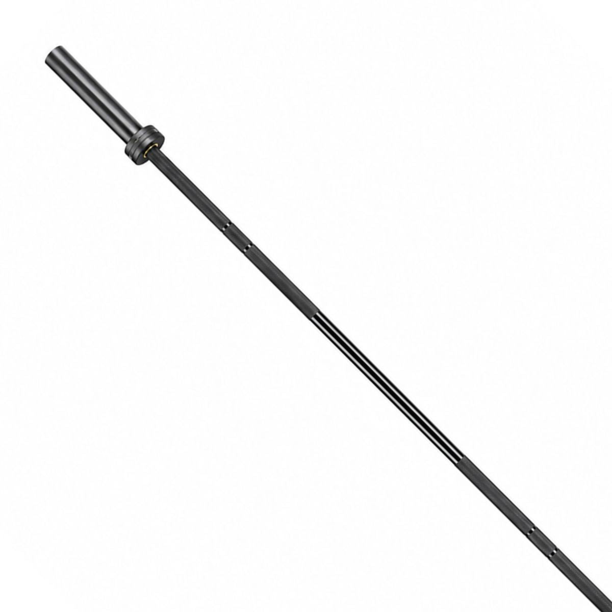 Black Olympic barbell shown diagonally on a white background